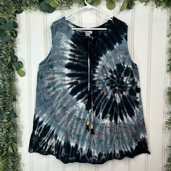 CW Classics Tie Dye Sleeveless Top Embroidered Boho Festival Hippie Womens 1X - Picture 1 of 8